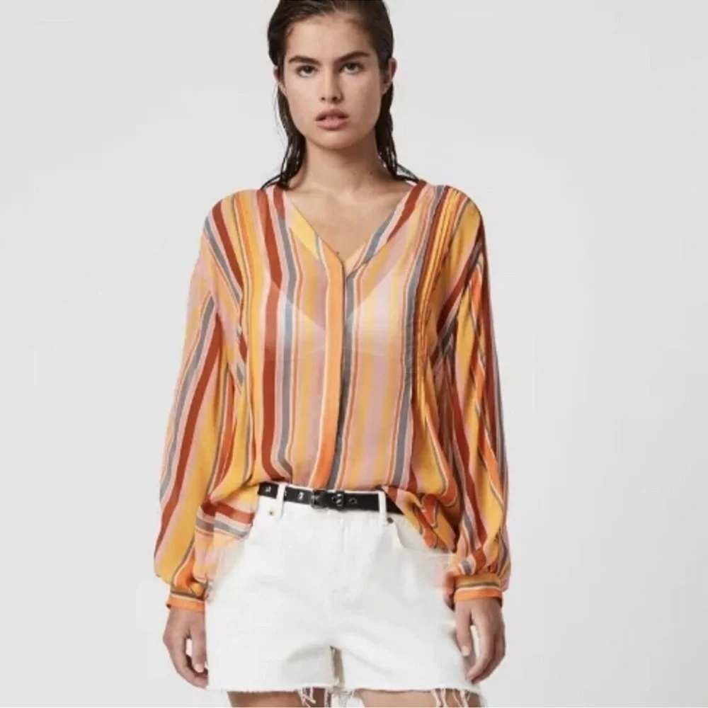 All Saints Adra Stripe Shirt Multicolor Sheer Long Sleeve Blouse Womens US 0